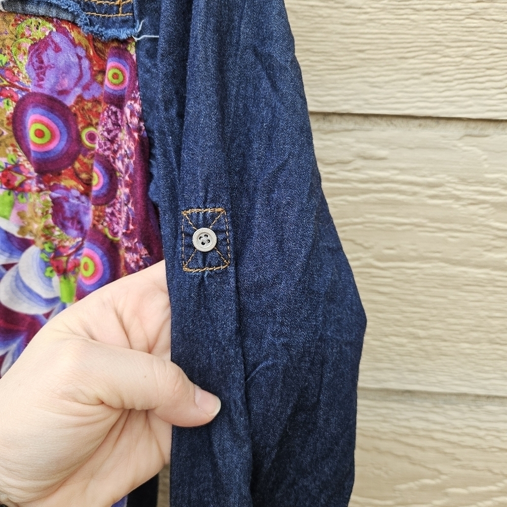 Desigual mixed media button front shirt dark chambray patterned size medium - Picture 4 of 9